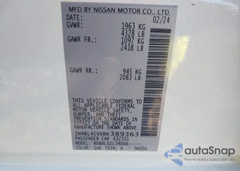 2024 Nissan Altima Sr Fwd from USA, damaged, VIN 1N4BL4CVXRN389363